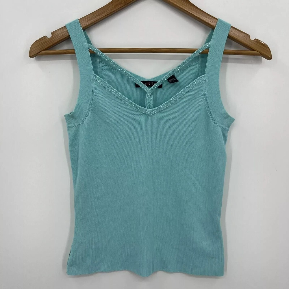 Cyrus Womens Aqua Blue Ribbed Knit Beaded V-Neck Tank Top Sleeveless Small